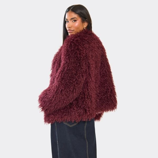 EGO Long Sleeve Collarless Detail Coat In Burgundy Shaggy Faux Fur, Women's Size UK 6 - 2