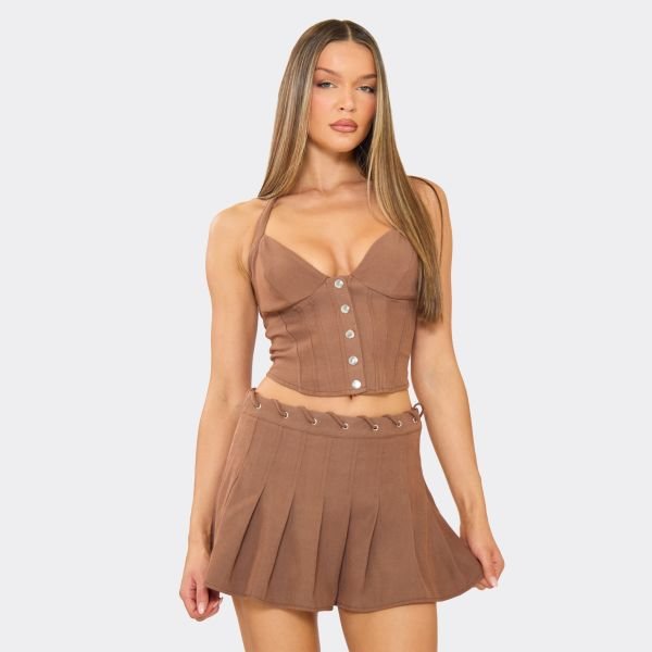 EGO Halterneck Button Detail Corset Top In Brown, Women's Size UK 6 - 1