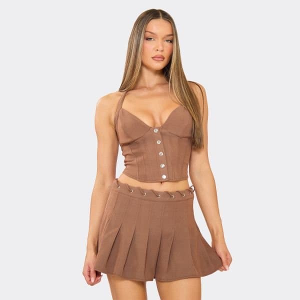 EGO Halterneck Button Detail Corset Top In Brown, Women's Size UK 6