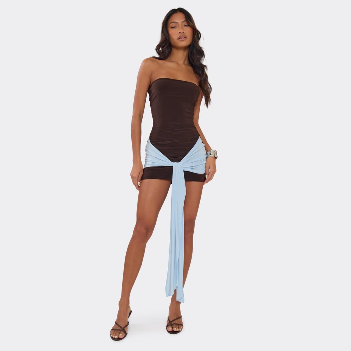 EGO Bandeau Contrast Tie Drape Mini Dress In Chocolate Brown, Women's Size UK 6