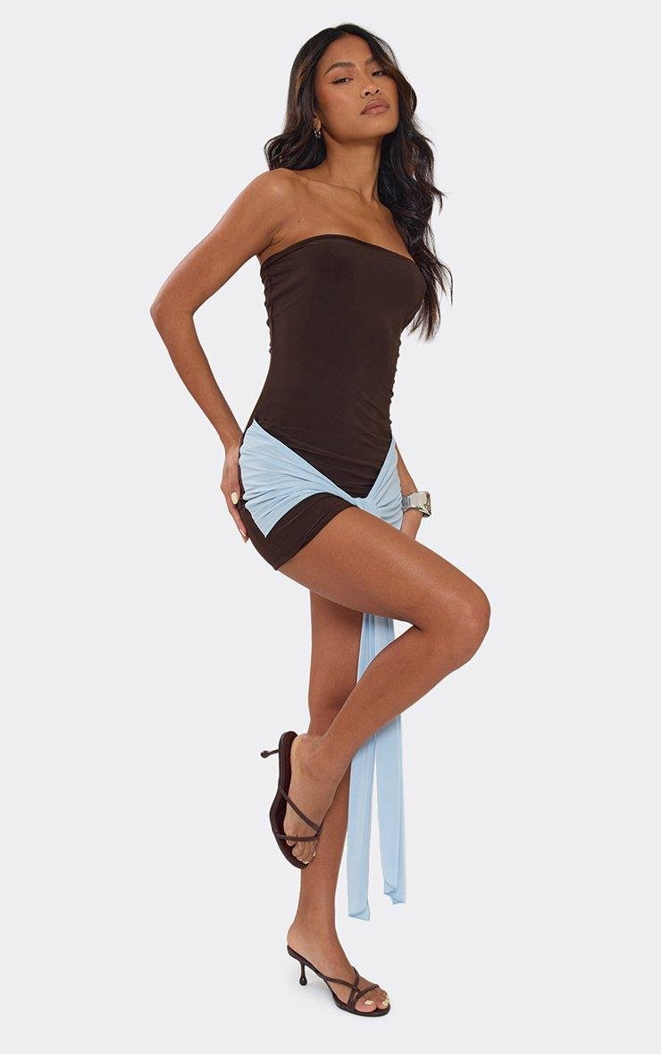 EGO Bandeau Contrast Tie Drape Mini Dress In Chocolate Brown, Women's Size UK 6 - 2