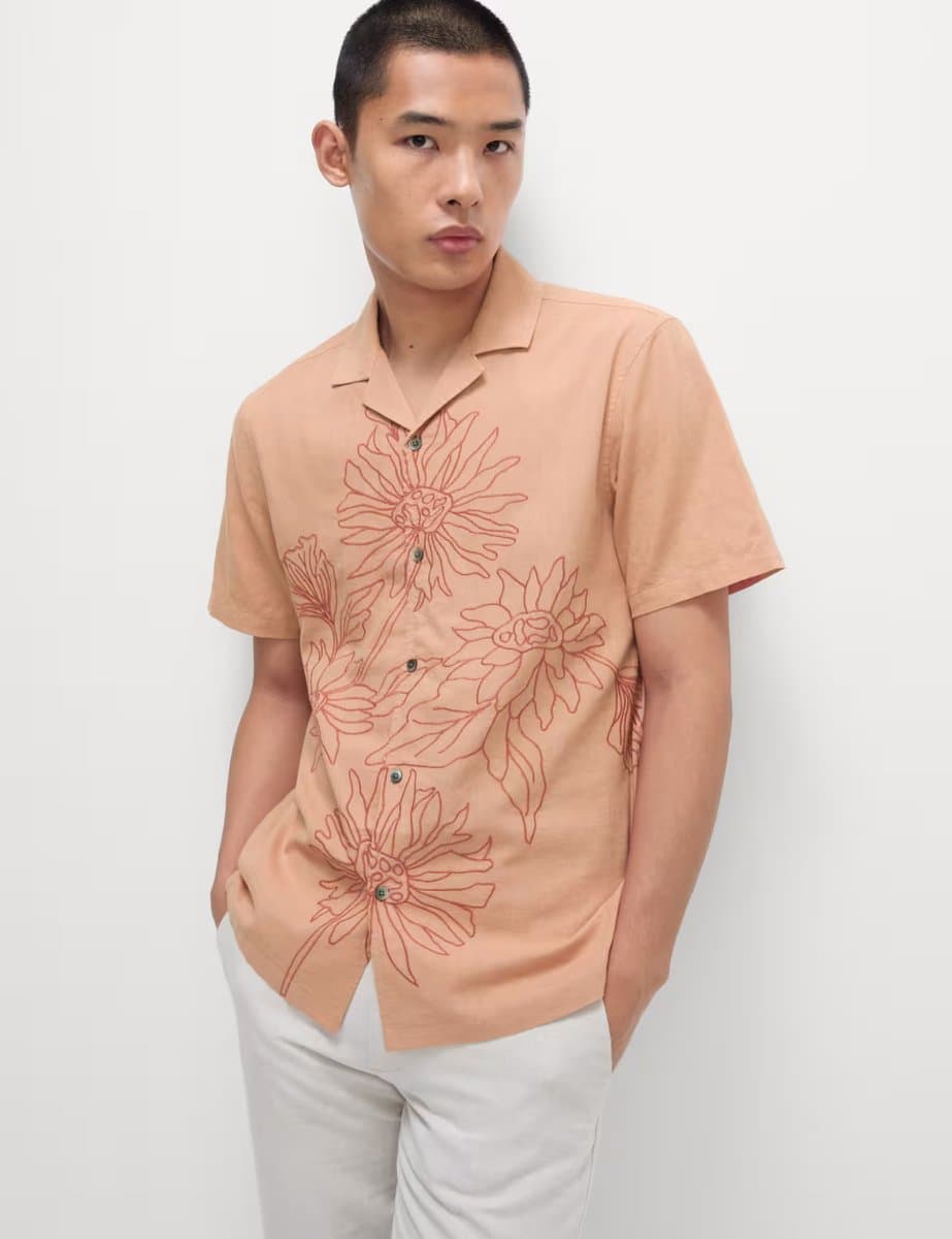 Marks & Spencer M&S Floral Embroidery Cuban Collar Shirt in Orange Mix