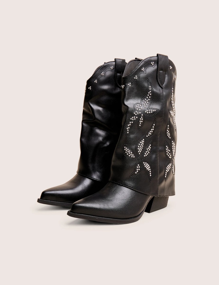 Public Desire Dixie Black Fold Over Studded Western Ankle Boots - 2