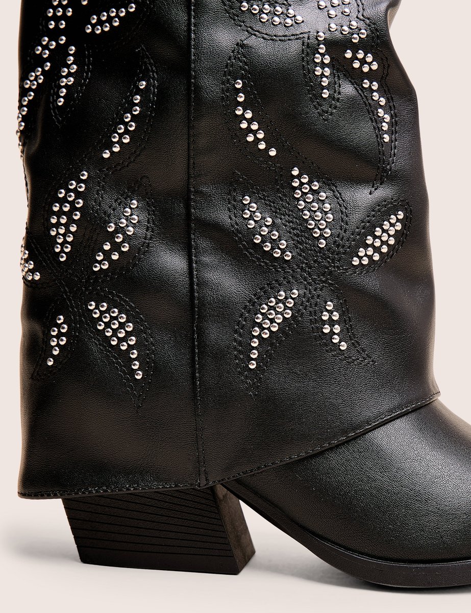 Public Desire Dixie Black Fold Over Studded Western Ankle Boots - 4