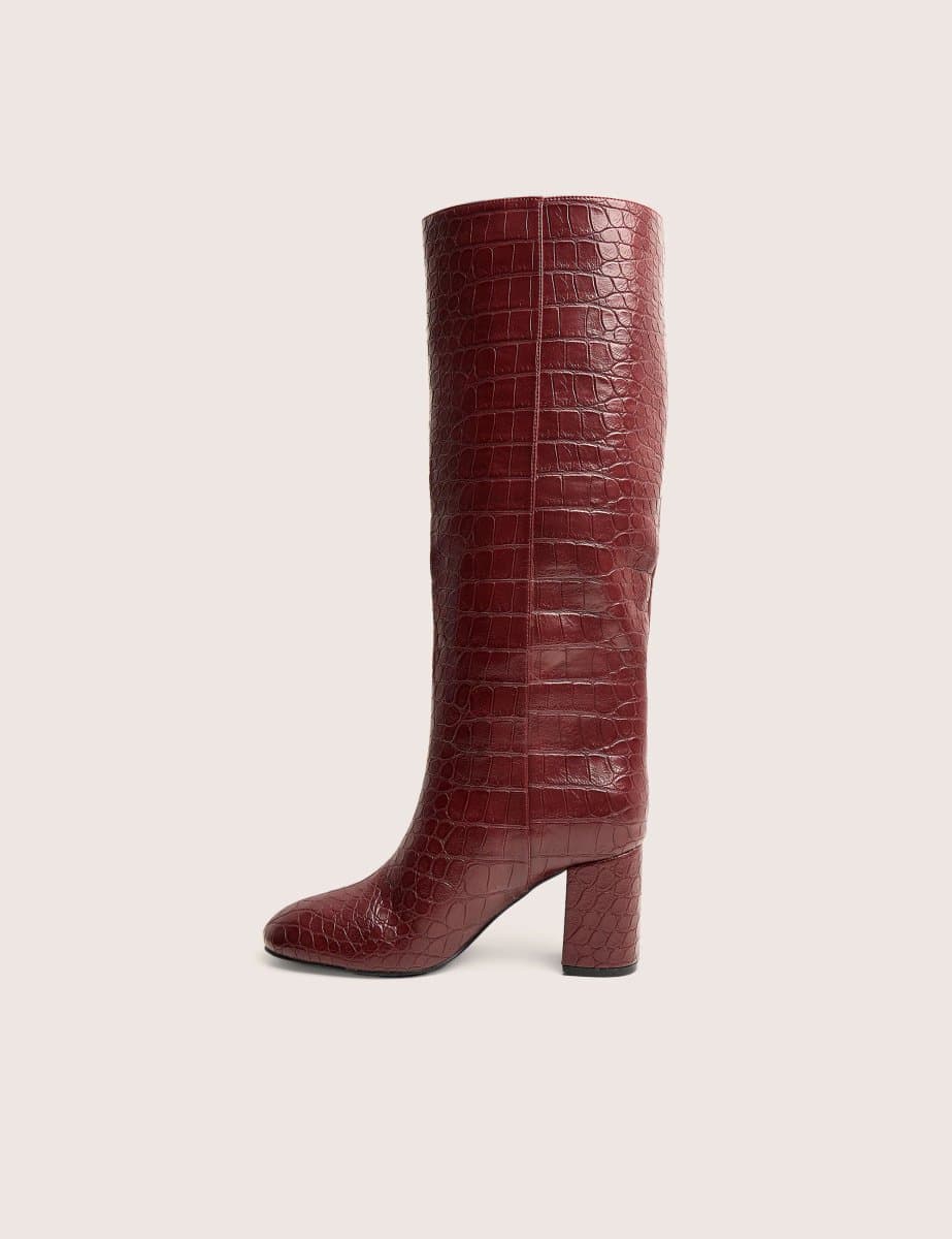 Public Desire Maison Burgundy Croc Pu Knee High Block Heeled Boots