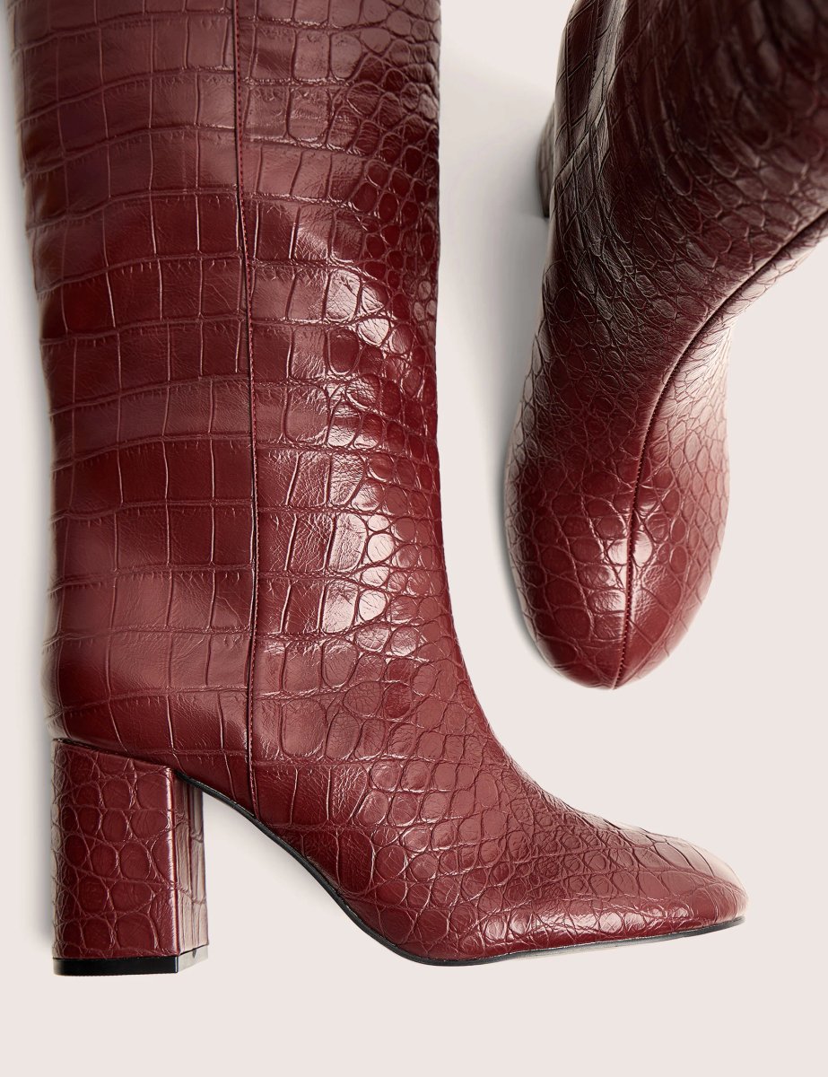 Public Desire Maison Burgundy Croc Pu Knee High Block Heeled Boots - 4