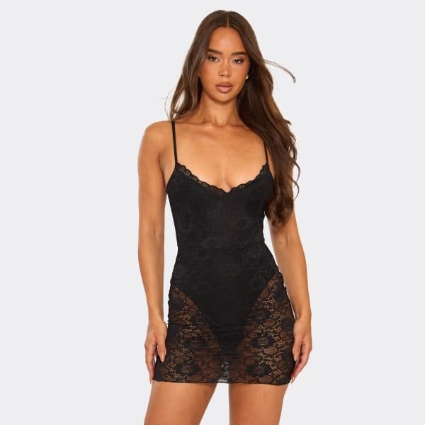 EGO Strappy Bodysuit Insert Detail Mini Dress In Black Lace, Women's Size UK 6 - 1