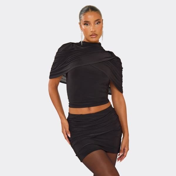 EGO High Neck Ruched Cape Detail Fitted Top In Black, Women's Size UK 6 - 1