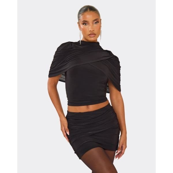EGO High Neck Ruched Cape Detail Fitted Top In Black, Women's Size UK 6 - 2