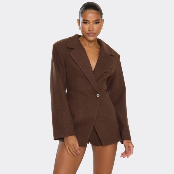 EGO Cinched Waist Detail Wool Look Blazer Dress In Chocolate Brown, Women's Size UK 4