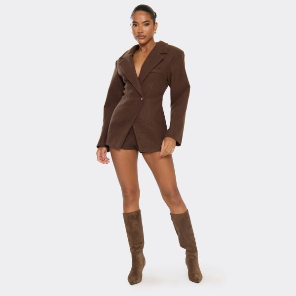 EGO Cinched Waist Detail Wool Look Blazer Dress In Chocolate Brown, Women's Size UK 4 - 2