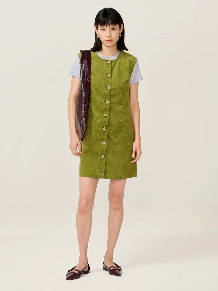 OMNES Bunni Cord Dress in Moss Green