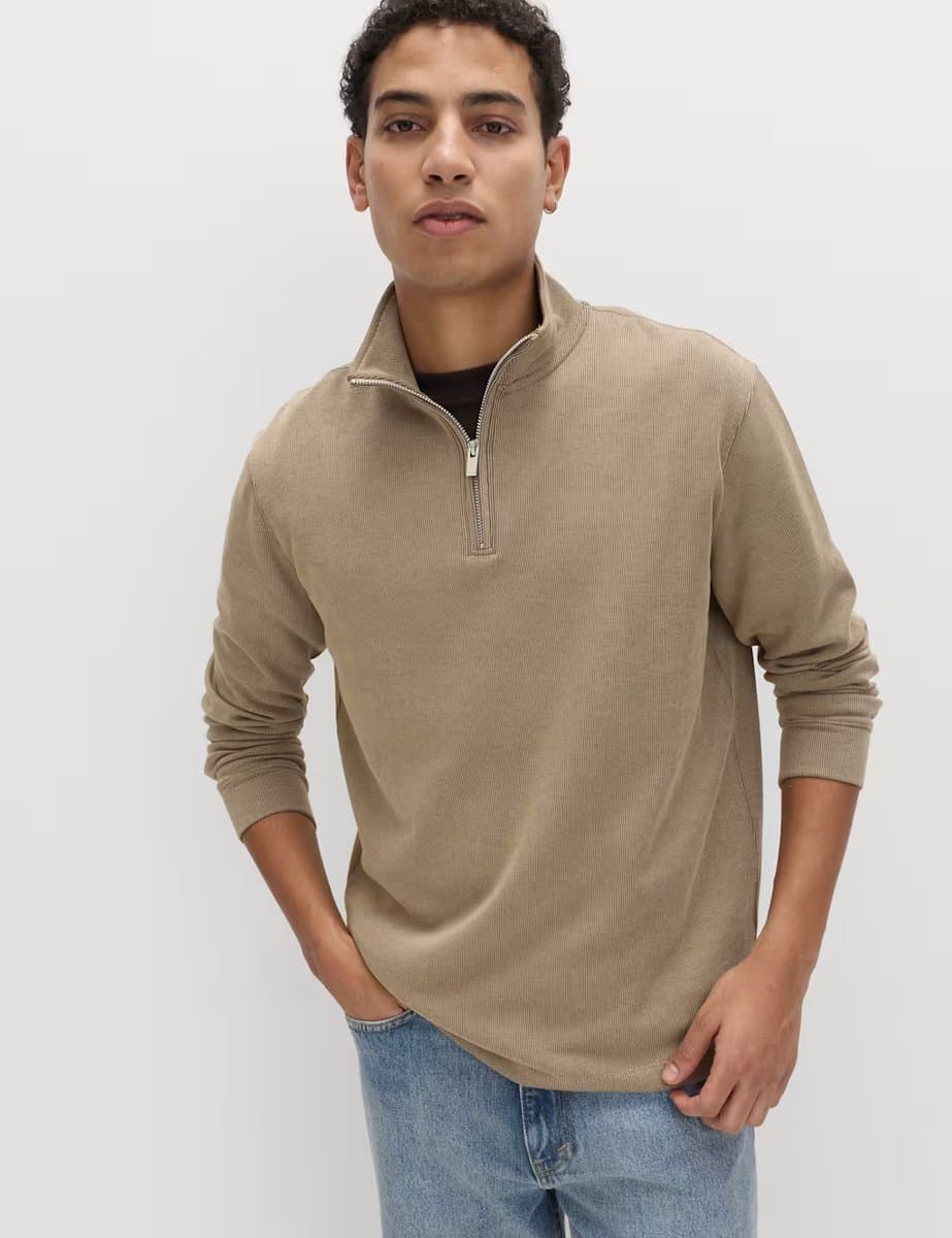 Marks & Spencer M&S Cotton Rich Double Knit Half Zip Sweatshirt Sand