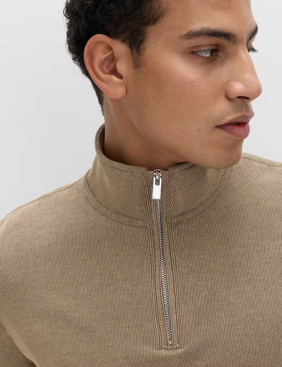 Marks & Spencer M&S Cotton Rich Double Knit Half Zip Sweatshirt Sand - 2