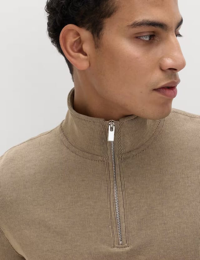 Marks & Spencer M&S Cotton Rich Double Knit Half Zip Sweatshirt Sand - 2