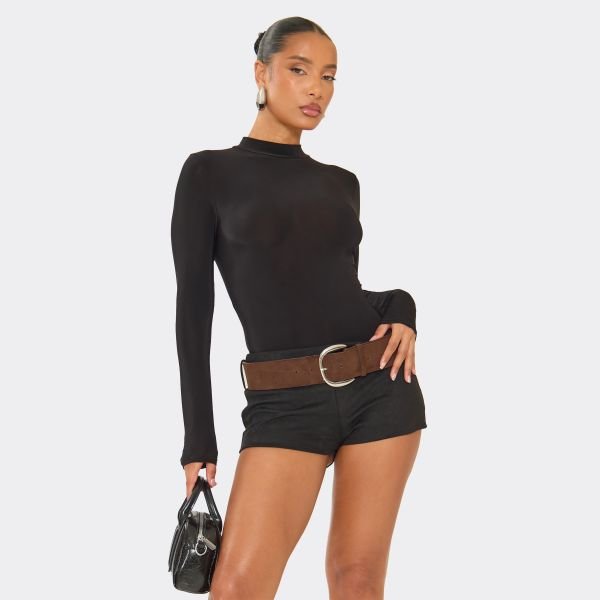 EGO Mid Rise Faux Suede Belt Detail Hot Pants In Black, Women's Size UK 8 - 1