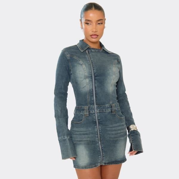 EGO Long Sleeve Zip Detail Mini Dress In Washed Blue Denim, Women's Size UK 6
