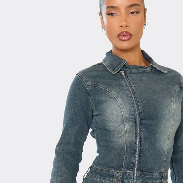 EGO Long Sleeve Zip Detail Mini Dress In Washed Blue Denim, Women's Size UK 6 - 2