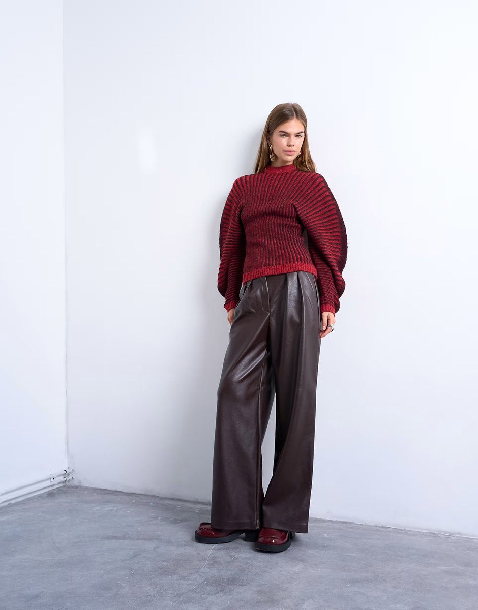 ASOS Topshop pleated tailored style wide leg faux leather trouser in burgundy - 1