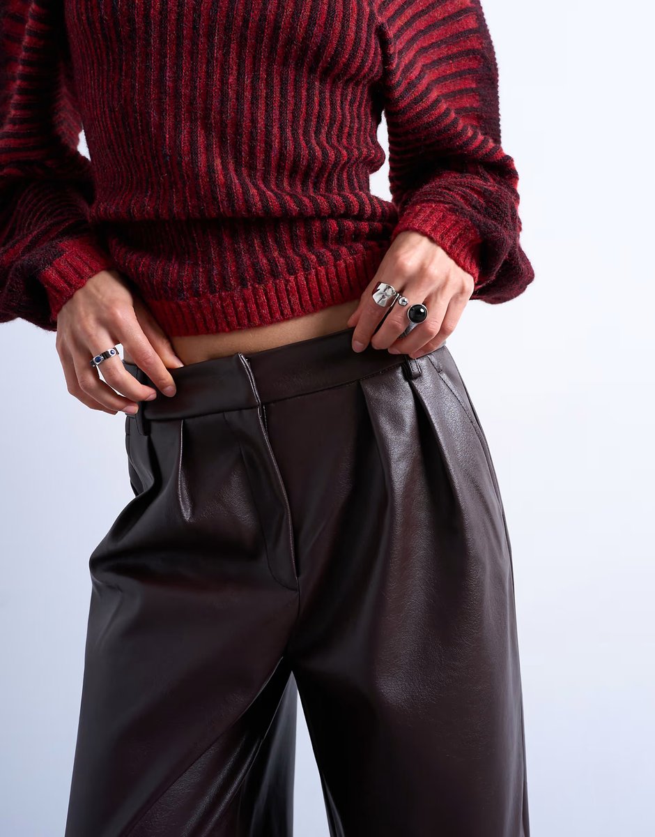 ASOS Topshop pleated tailored style wide leg faux leather trouser in burgundy - 2