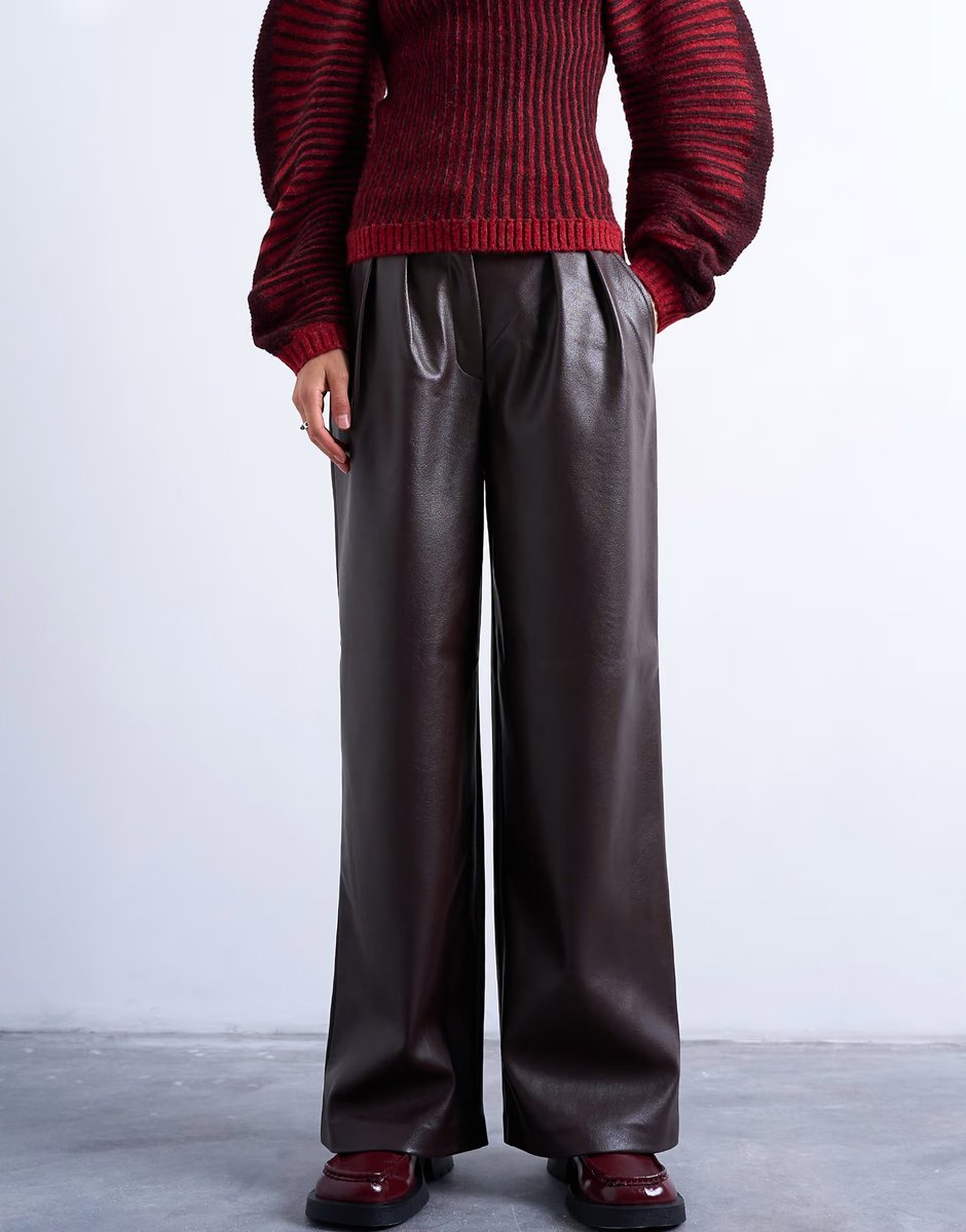 ASOS Topshop pleated tailored style wide leg faux leather trouser in burgundy - 3