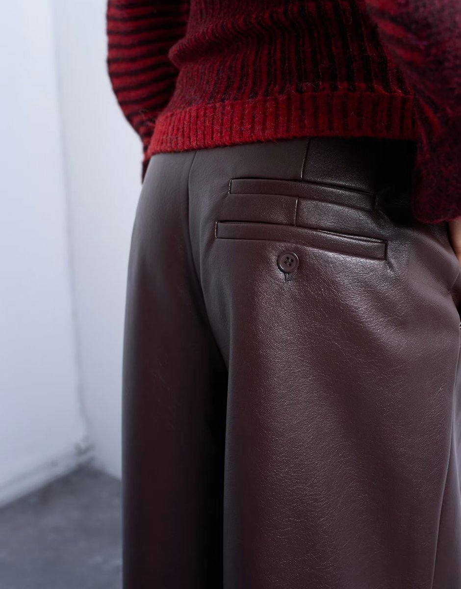 ASOS Topshop pleated tailored style wide leg faux leather trouser in burgundy - 4