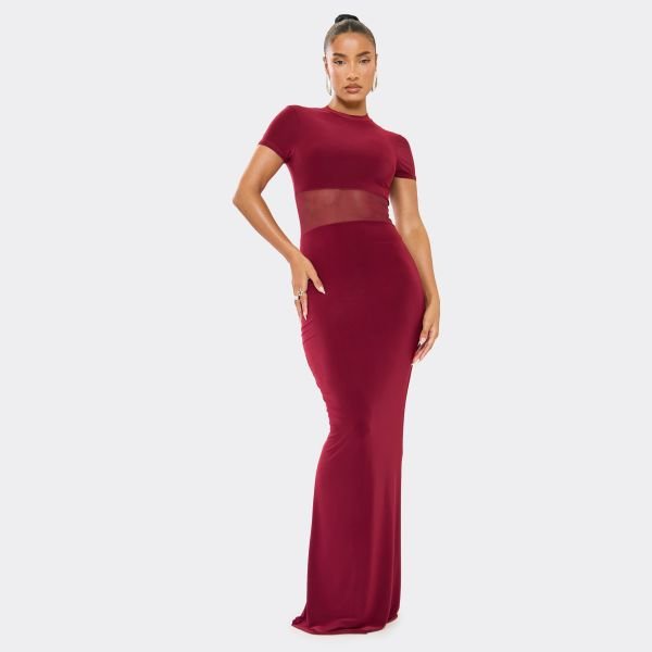 EGO Short Sleeve High Neck Mesh Insert Maxi Dress In Burgundy Slinky, Women's Size UK 6 - 1