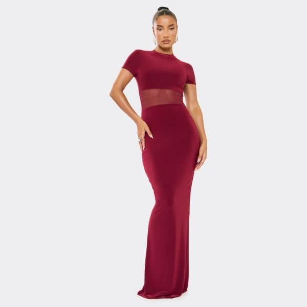 EGO Short Sleeve High Neck Mesh Insert Maxi Dress In Burgundy Slinky, Women's Size UK 6