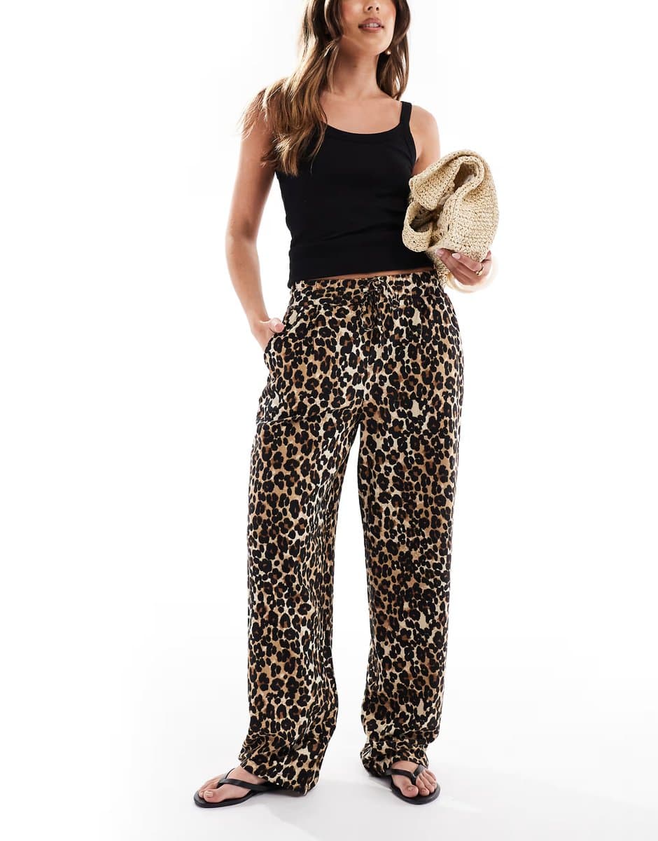 ASOS Vero Moda linen touch wide leg trousers in leopard print 