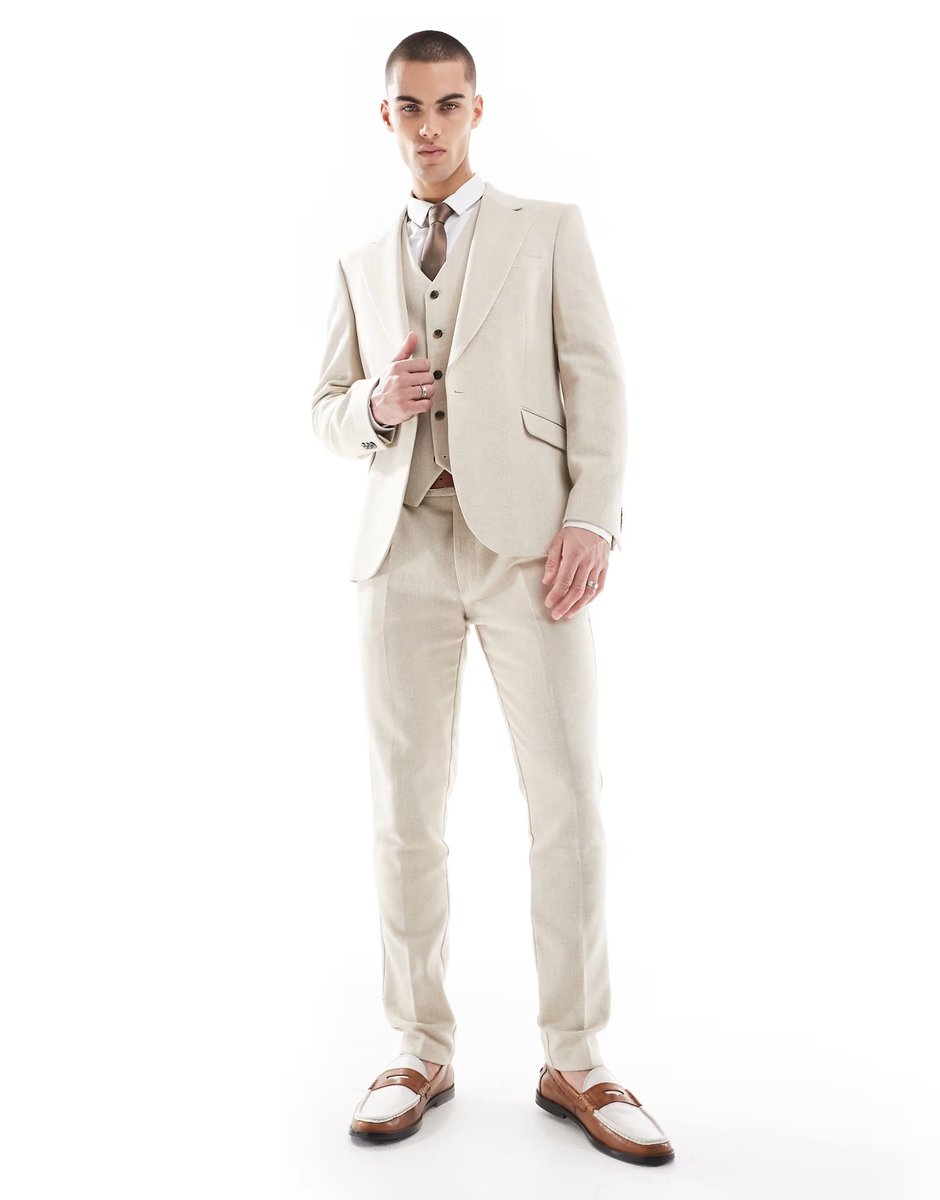 ASOS ASOS DESIGN skinny wool blend suit jacket in stone herringbone - 2