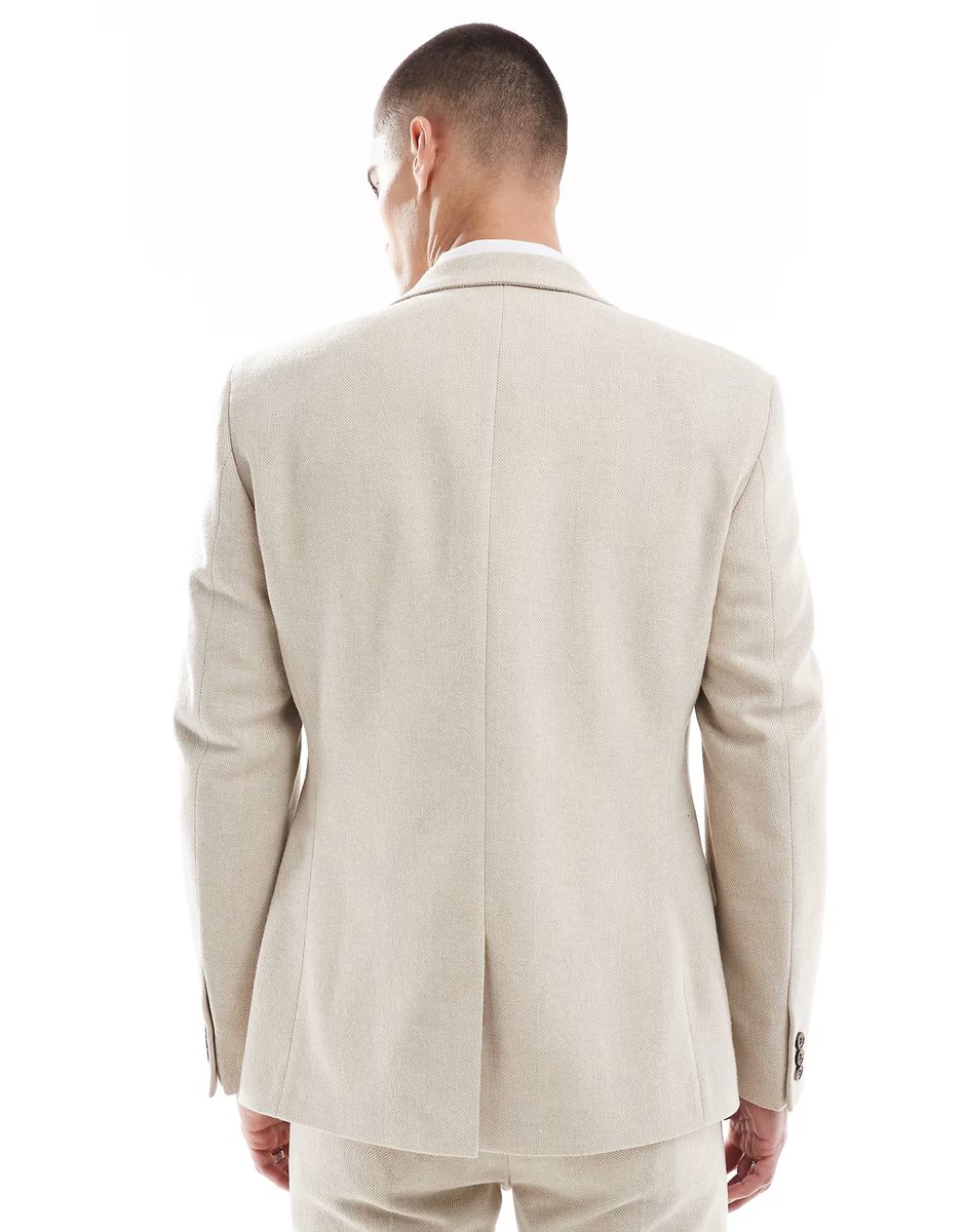ASOS ASOS DESIGN skinny wool blend suit jacket in stone herringbone - 3