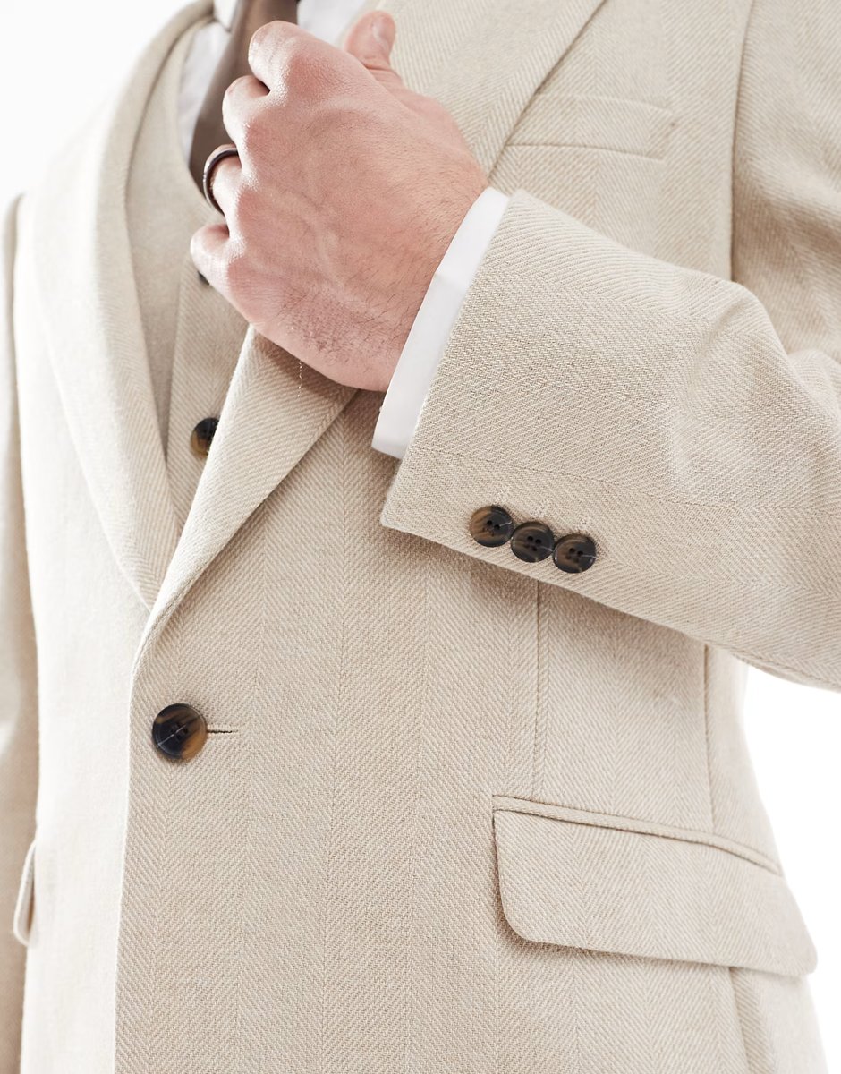 ASOS ASOS DESIGN skinny wool blend suit jacket in stone herringbone - 4