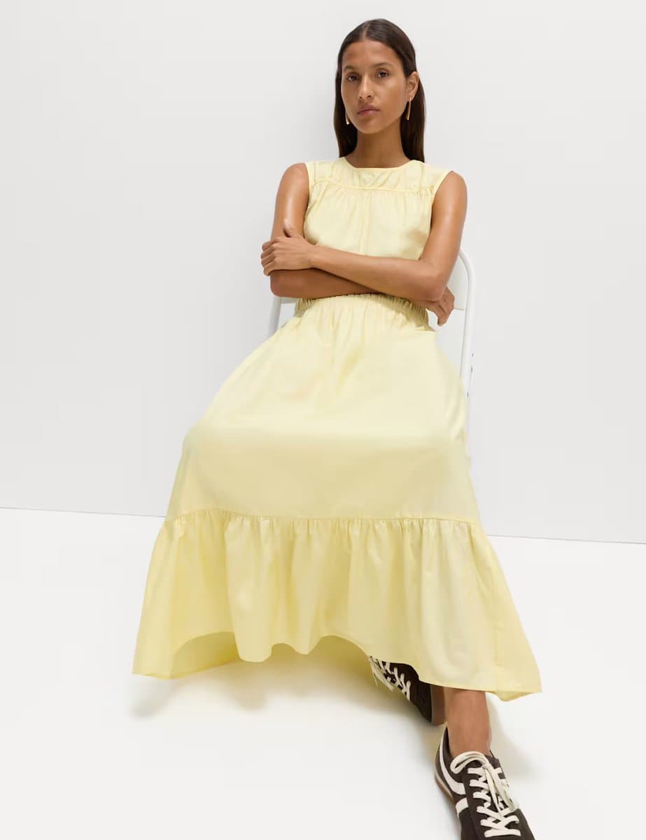 Marks & Spencer M&S Pure Cotton Frill Hem Midaxi Waisted Dress Lime Green