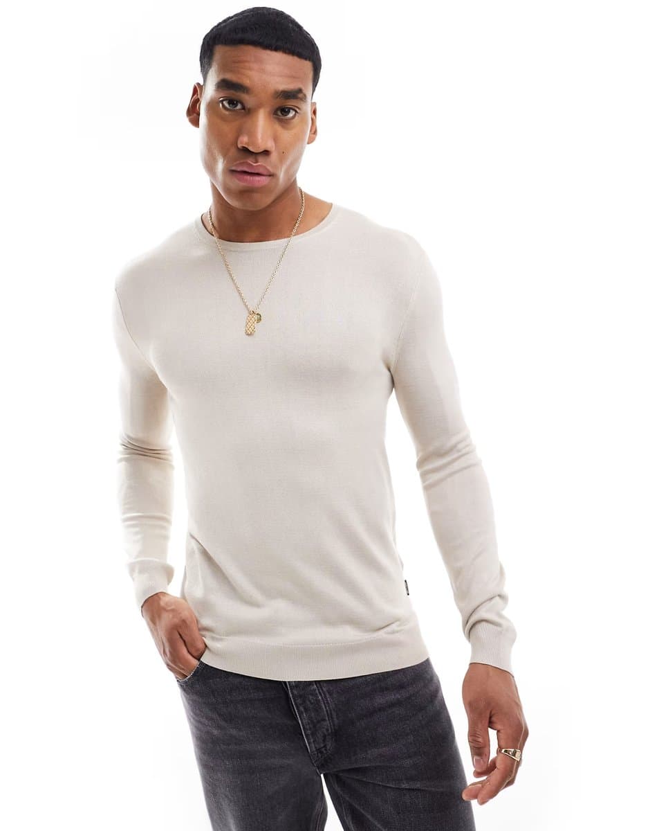 ASOS ONLY & SONS crew neck jumper in beige