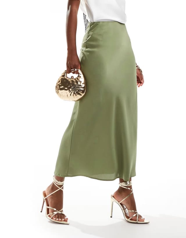 ASOS Vila satin maxi skirt in oil green - 3