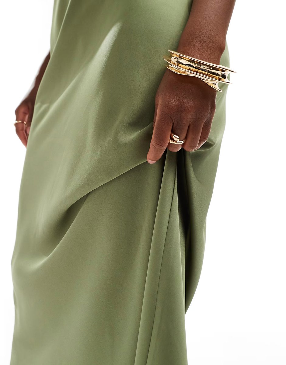 ASOS Vila satin maxi skirt in oil green - 4