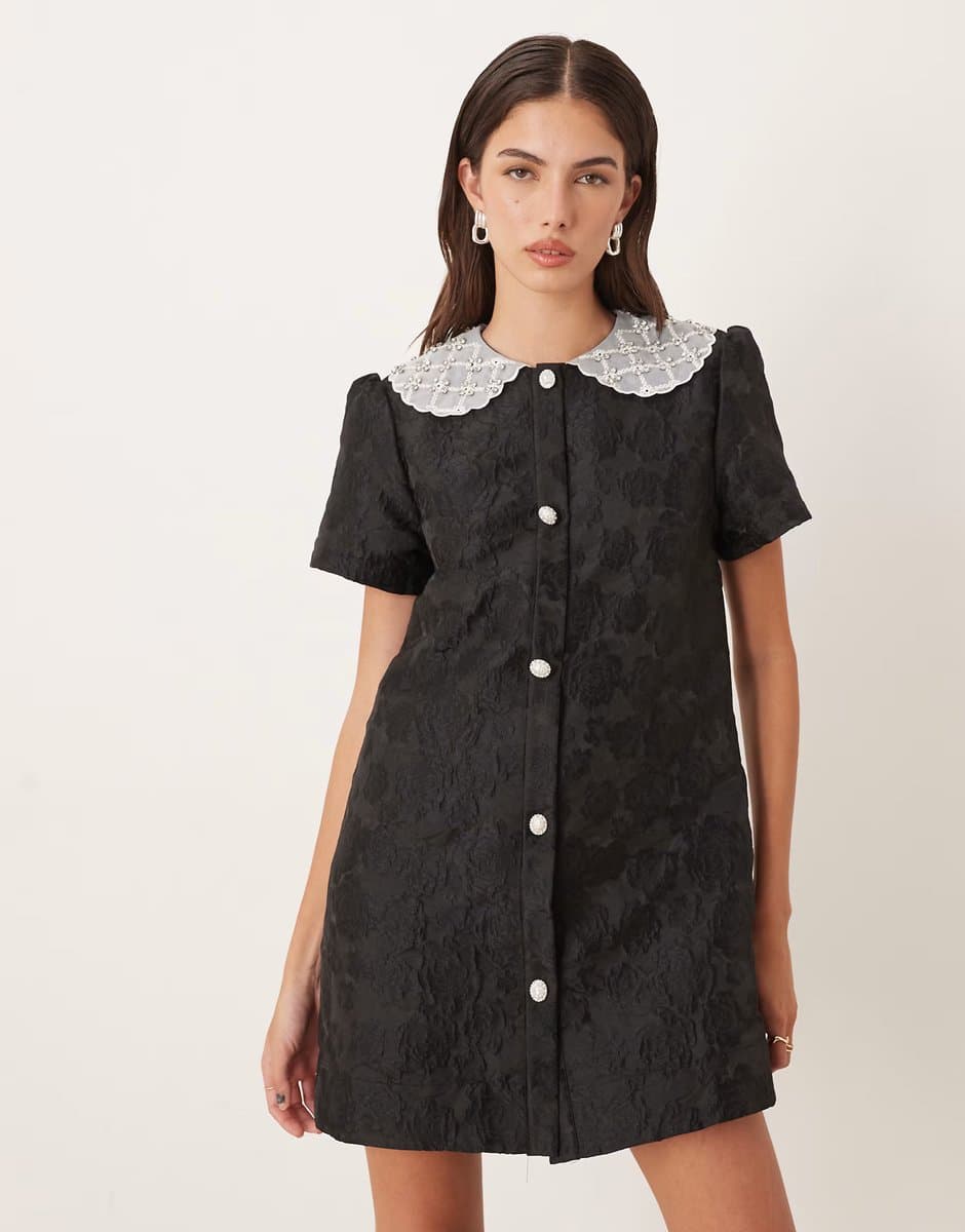 ASOS Dream Sister Jane jacquard mini dress with lace collar in black