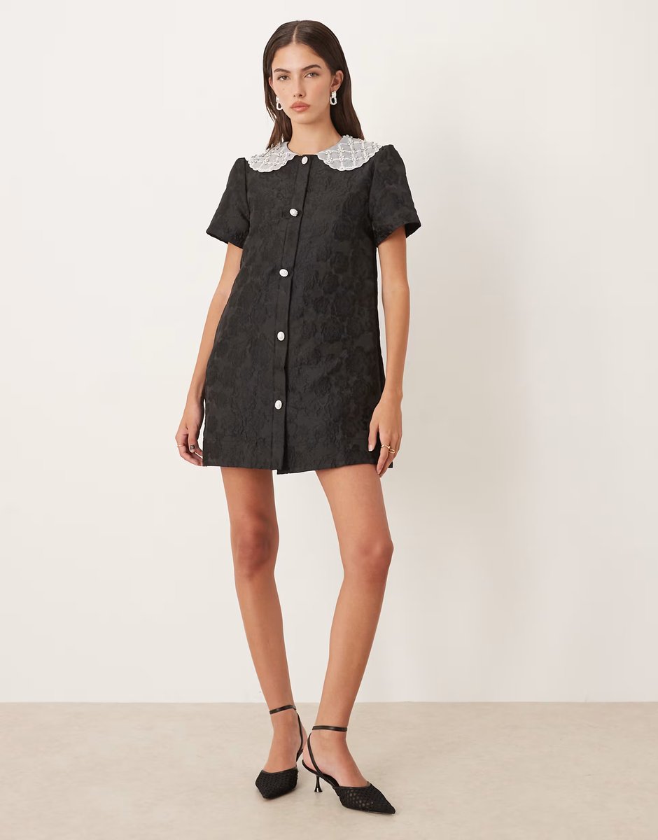 ASOS Dream Sister Jane jacquard mini dress with lace collar in black - 3