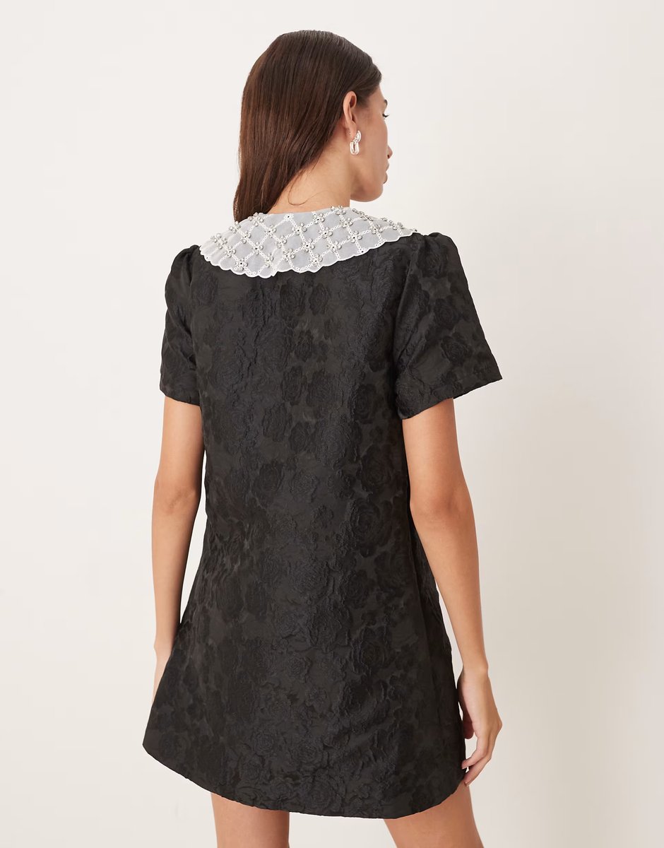 ASOS Dream Sister Jane jacquard mini dress with lace collar in black - 4