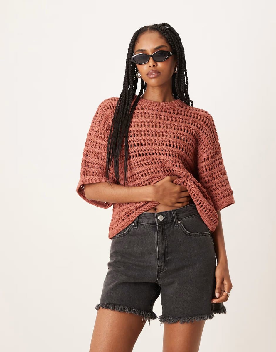 ASOS ASOS DESIGN relaxed short sleeve t-shirt in mock crochet stitch in rust
