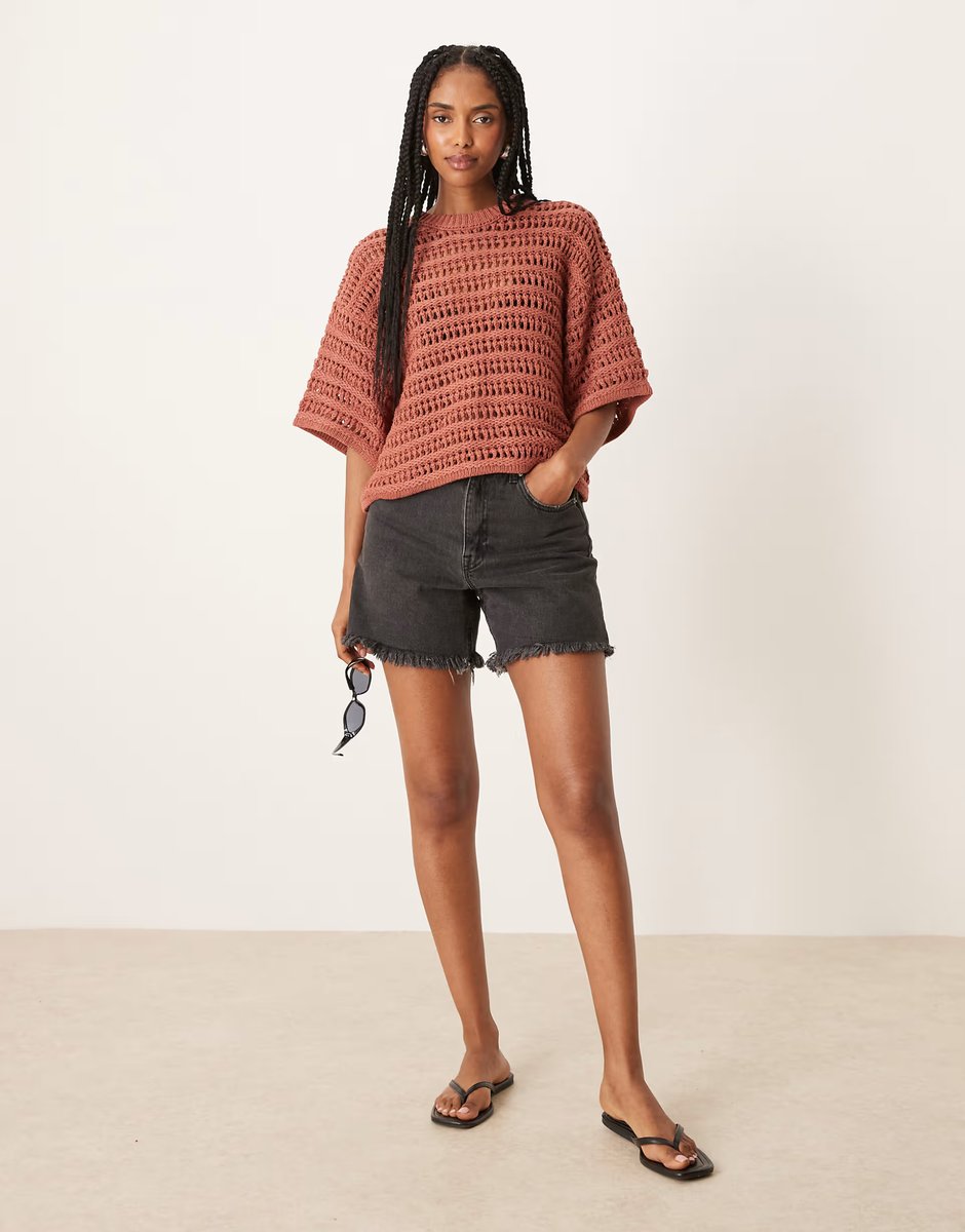 ASOS ASOS DESIGN relaxed short sleeve t-shirt in mock crochet stitch in rust - 2