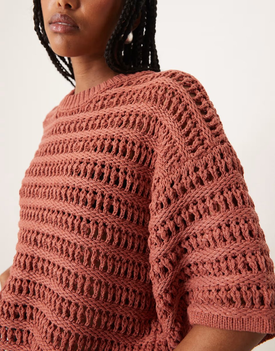 ASOS ASOS DESIGN relaxed short sleeve t-shirt in mock crochet stitch in rust - 3