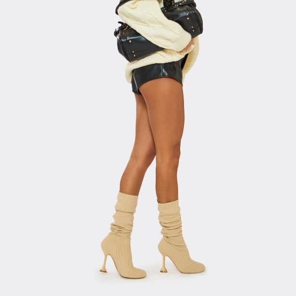 EGO Bunbun Ribbed Detail Knee High Heeled Sock Boot In Nude Knit, Women's Size UK 5