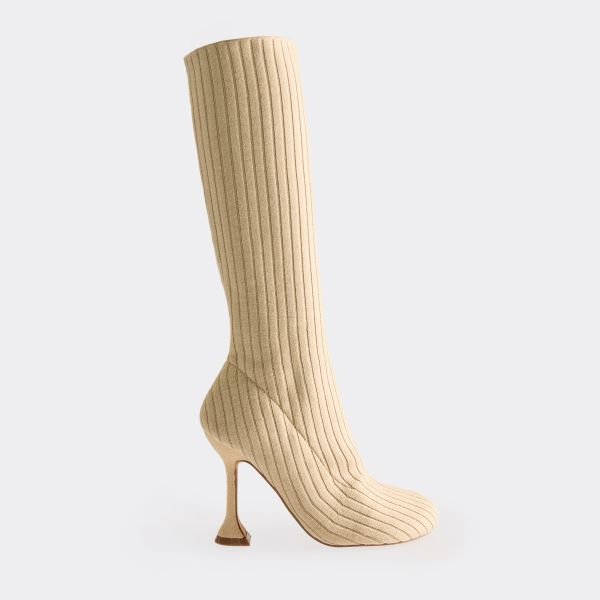 EGO Bunbun Ribbed Detail Knee High Heeled Sock Boot In Nude Knit, Women's Size UK 5 - 2
