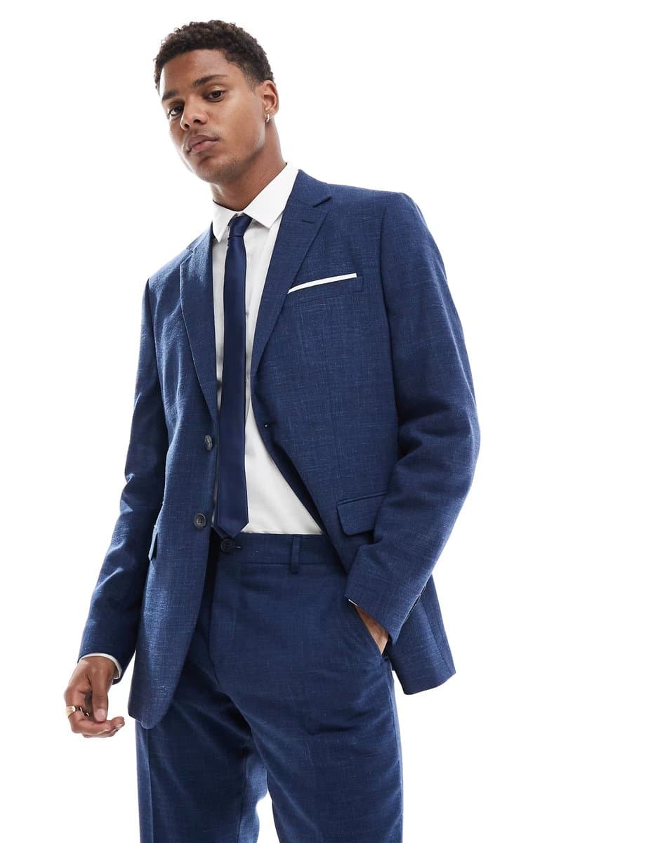 ASOS Selected linen mix slim fit suit jacket in dark navy