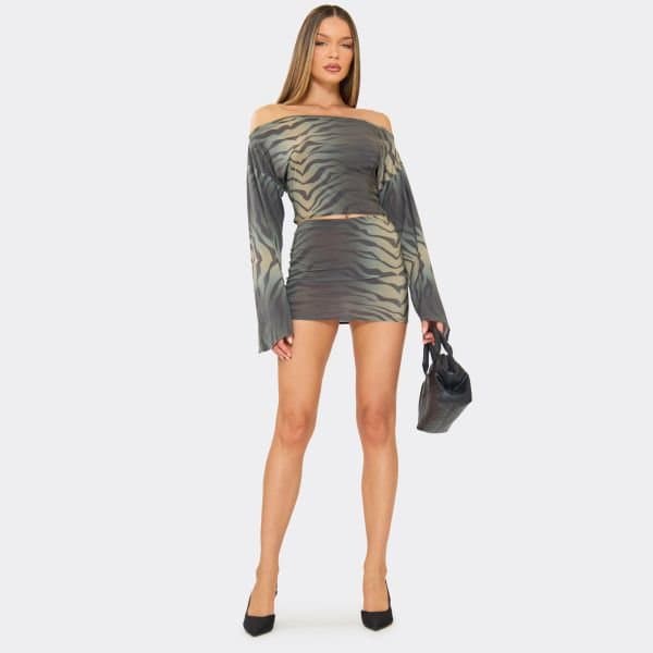 EGO Mid Waist Mini Skirt In Green Printed, Women's Size UK 6