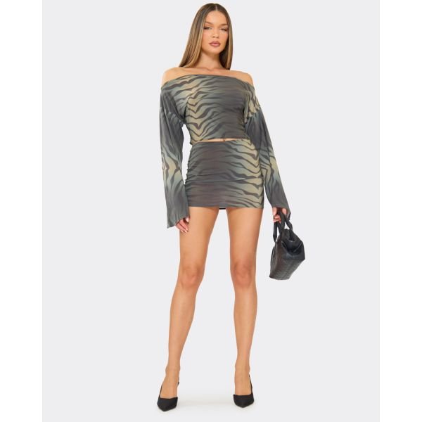 EGO Mid Waist Mini Skirt In Green Printed, Women's Size UK 6 - 2