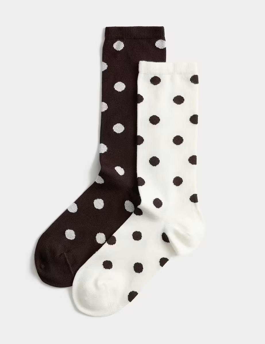 Marks & Spencer M&S 2 Pack Supersoft Spot Print Crew Socks Brown Mix - 2