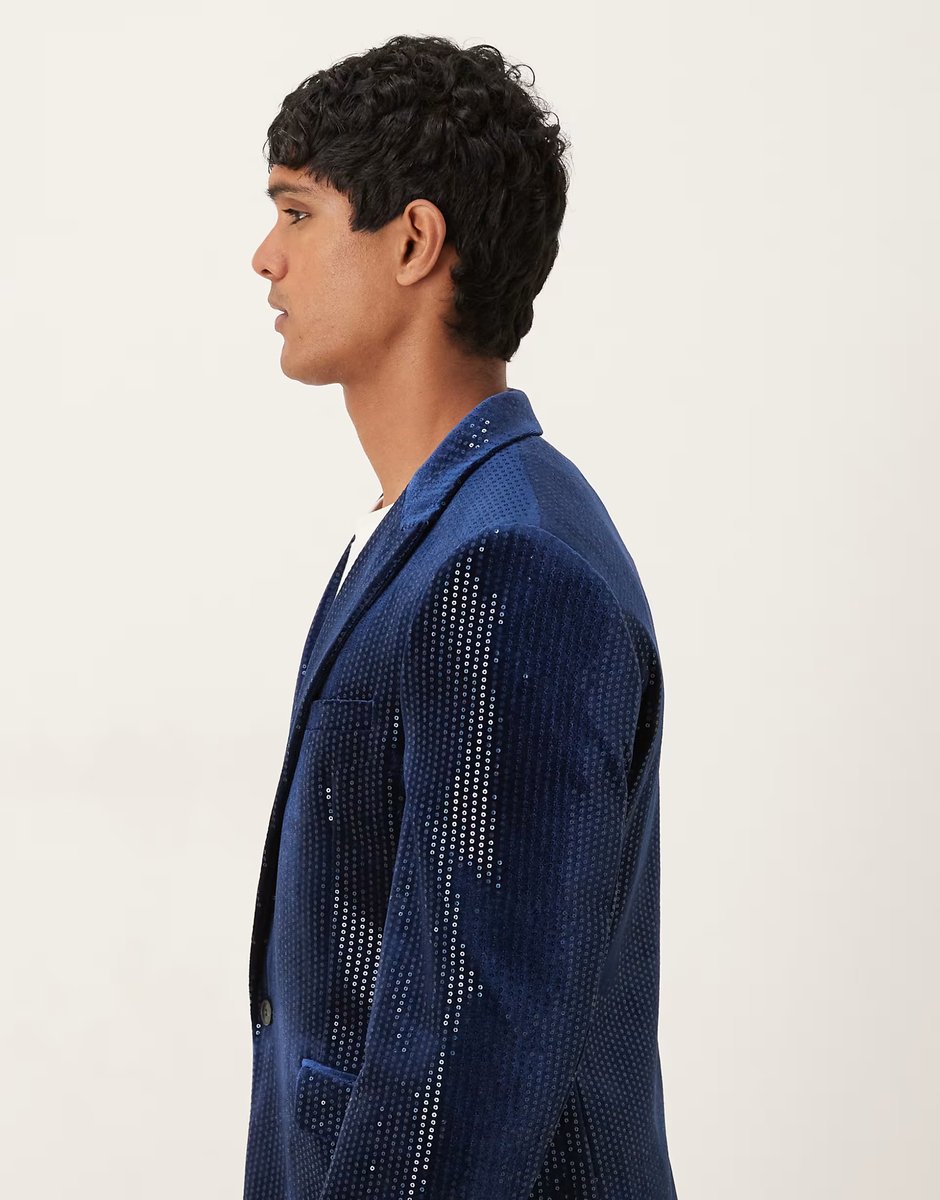 ASOS ASOS DESIGN slim suit jacket in velvet sequin in navy - 4