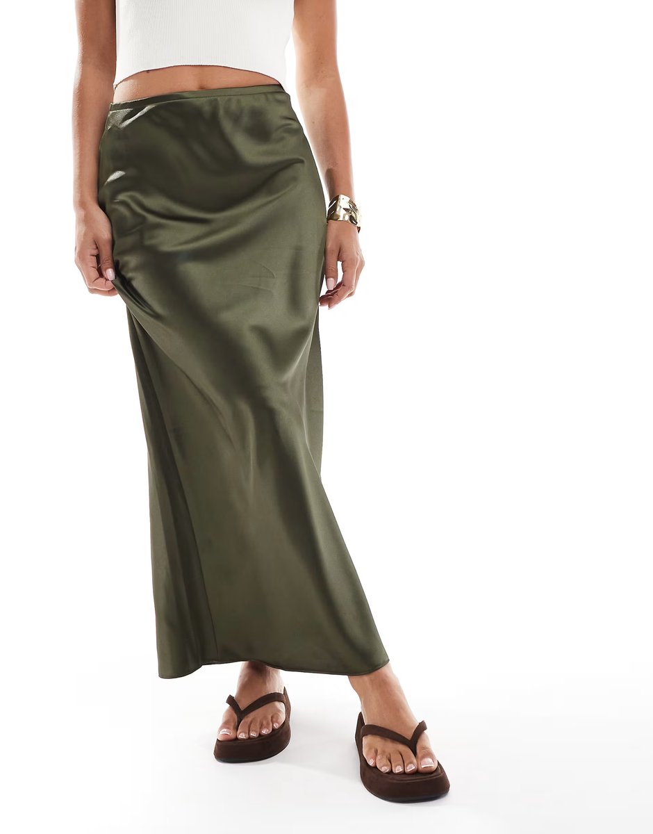 ASOS New Look satin bias midi skirt in khaki - 2